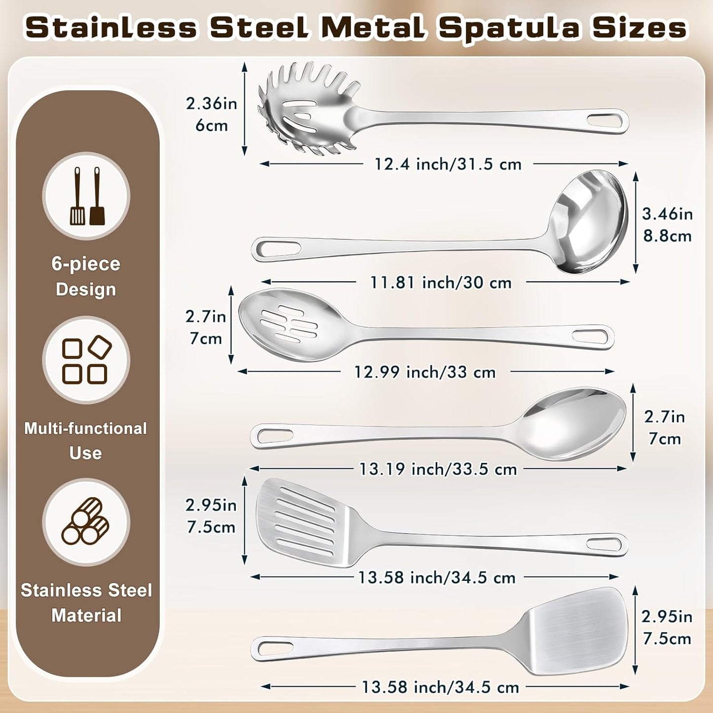 4 Pcs Cooking Utensils Set, Stainless Steel Kitchen Utensils, Heat Resistant Metal Kitchen Tools Include Solid & Slotted Turner Wok Spatula, Serving Spoon, Ergonomic Handle, Easy to Clean, Silver