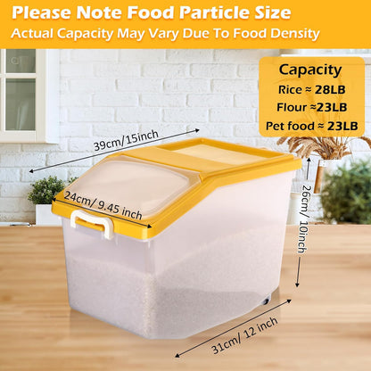 Sunnyray 4 Pcs Rice Storage Container Bulk 27.6 lb Airtight Flour Container with Wheels and Lids Measuring Cup Clear Pet Food Dog Birds Cat Food Bin Grain Cereal Organizer Box(Cream)