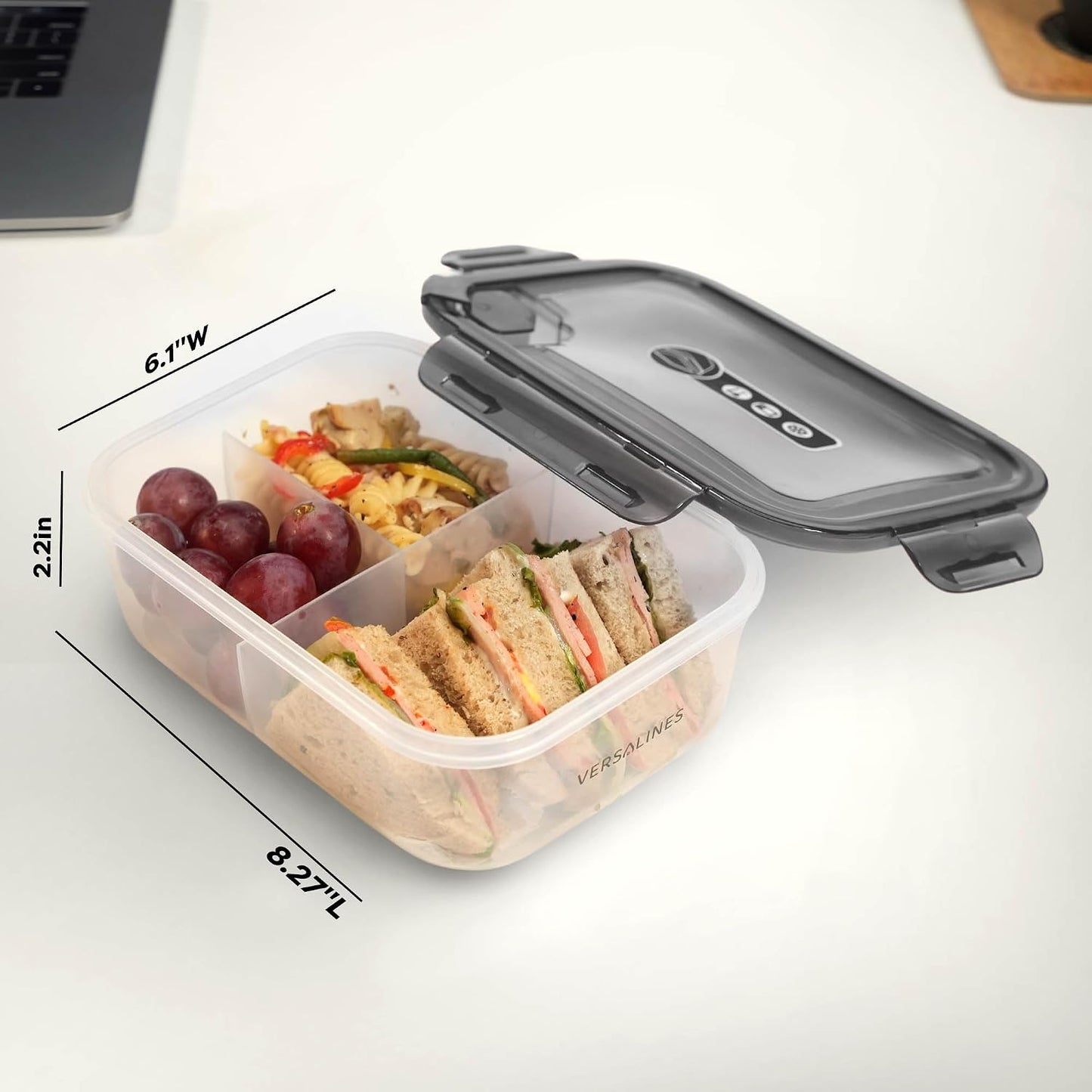 Bento Box Adult Lunch Box, 3 Compartment Meal Prep Containers with Lids, Clear Lunch Box Containers for Adults Men Women, Food Storage Containers - Microwave, Dishwasher Safe (Gray-Solid)