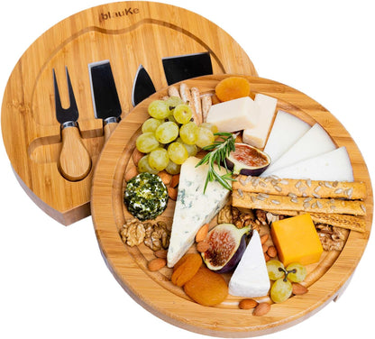 Bamboo Cheese Board and Knife Set – 14 inch Round Charcuterie Board, Serving Tray, Platter, Wood Cheeseboard Set with Slide-Out Drawer – BlauKe®