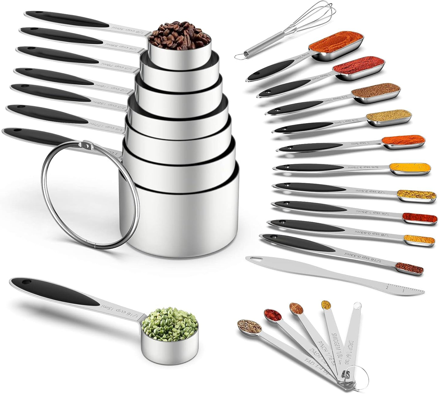 Measuring Cups and Spoons - Wildone Stainless Steel 20 Piece Stackable Set, Includes 8 Measuring Cups, 10 Measuring Spoons, 1 Leveler & 1 Whisk, for Dry and Liquid Ingredient