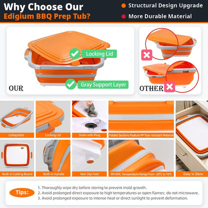 8L Collapsible BBQ Prep Tub with Locking Lid & Cutting Board - Marinade Container Grill Carry System for RV Picnic Tailgate - Portable Wash Basin for Kitchen Camping Sink - Gift for Men Women