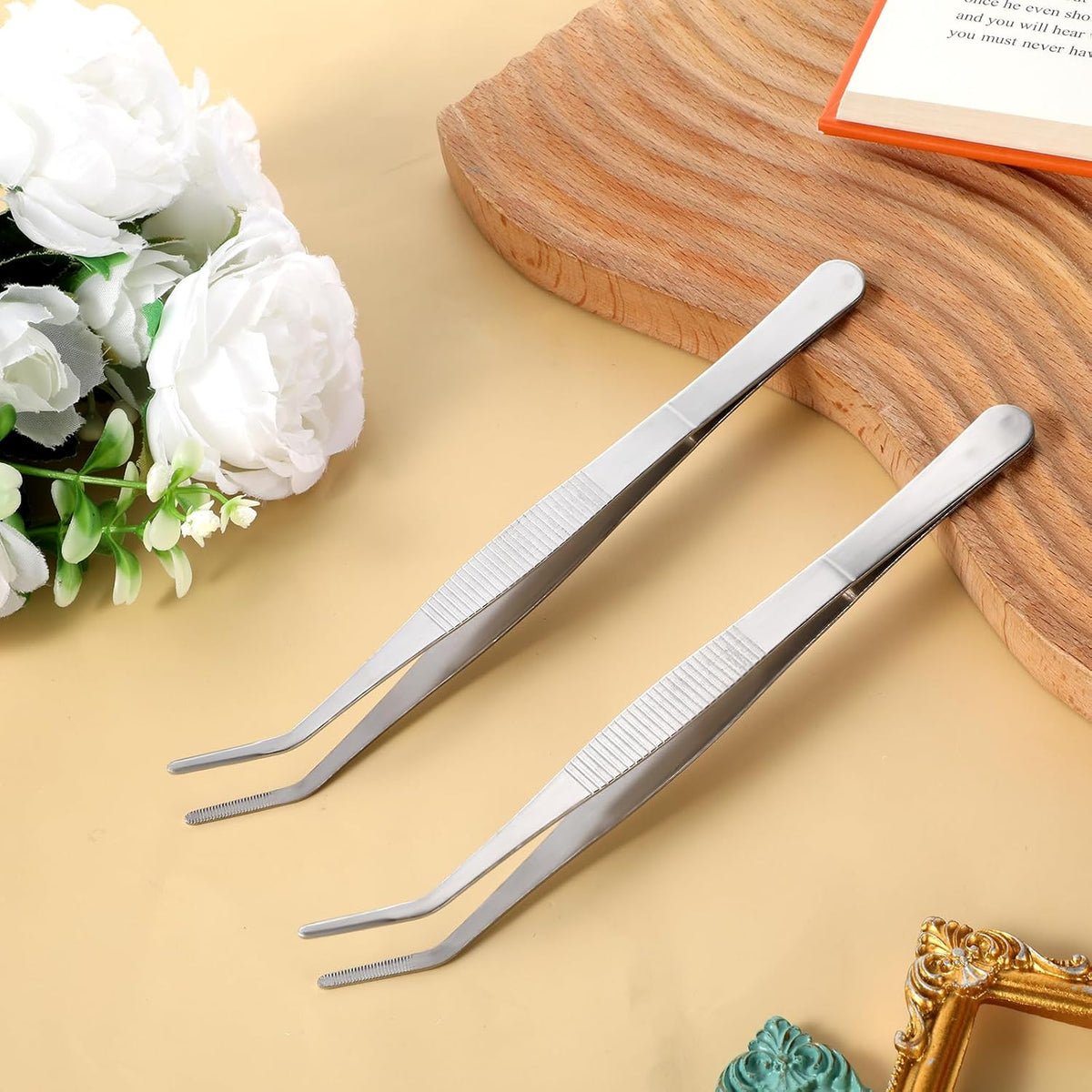 2 PCS 8 Inch Stainless Steel Tweezers with Curved Serrated Tip Kitchen Long Tweezers Set Heavy Duty Sewing Machine Tweezer Long Aquarium Tweezer Reptile Feeding Tongs for Cooking Crafting Repairing