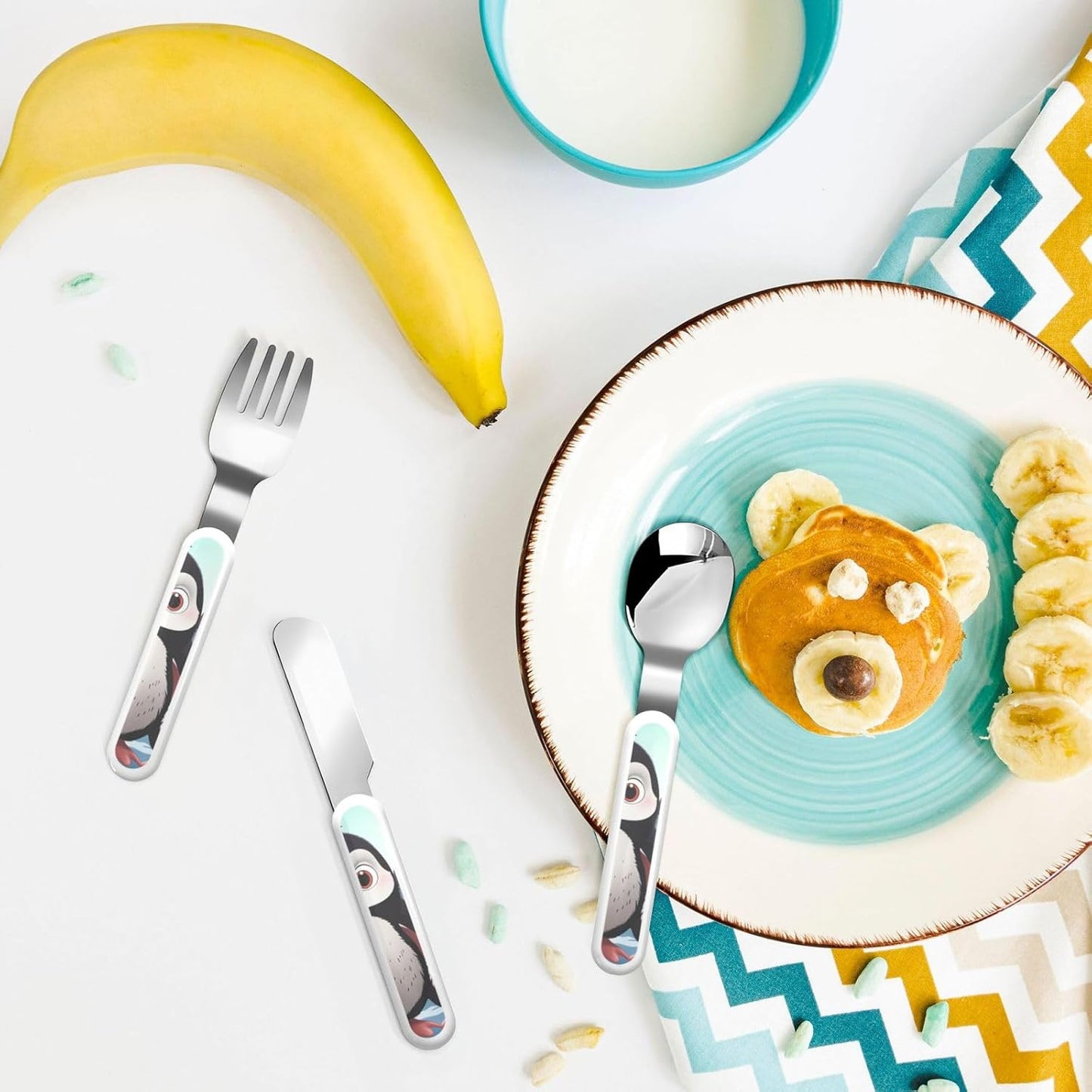 3-Piece Children Utensils Set Five cute penguins Knife Spoon Fork Set Stainless Steel Silverware Set Easy-Grip Reusable Utensils Set Child Flatware Set with Case for Lunch Travel