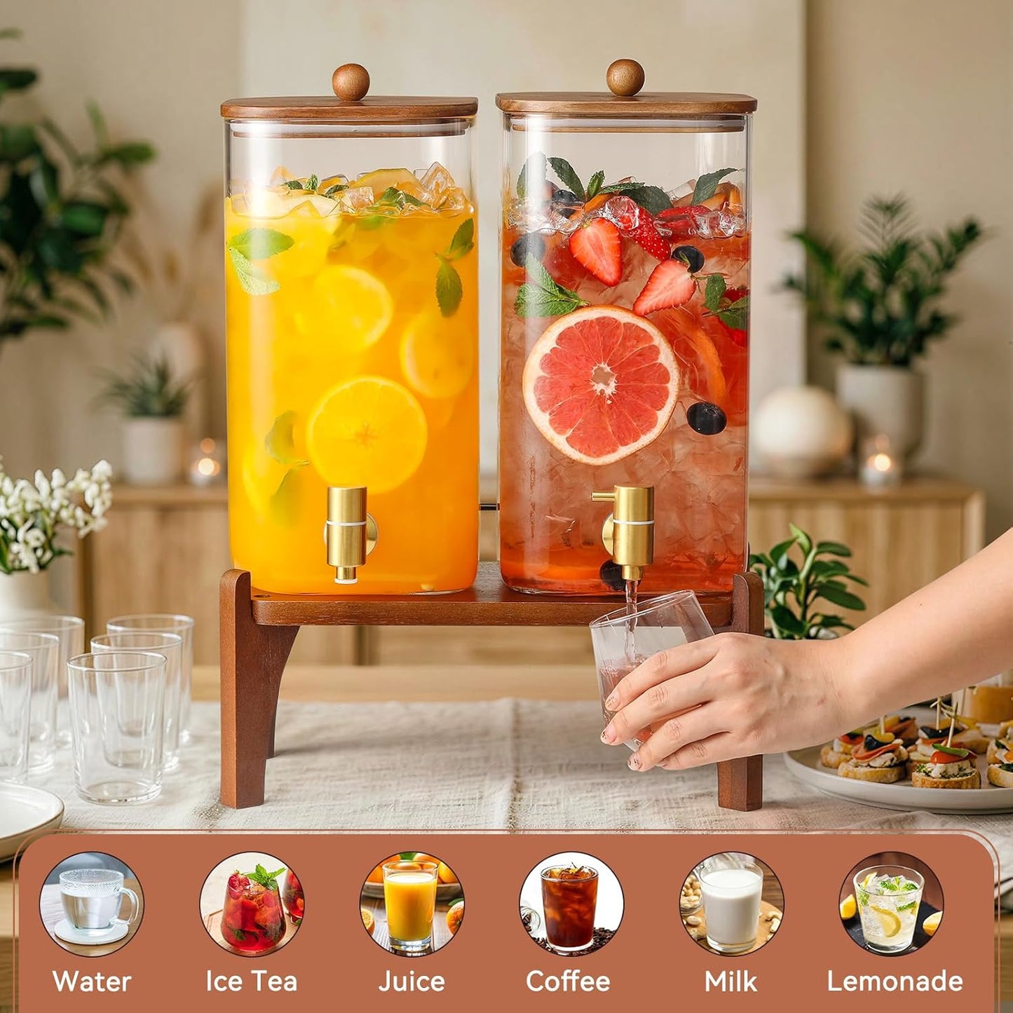 2 Pack 1.5 Gallon Square Glass Drink Dispenser with Wooden Stand & Lid, Large Beverage Dispenser with Stainless Steel Spigot, Juice & Lemonade Dispenser for Parties, Iced Tea, Water, Space-Saving