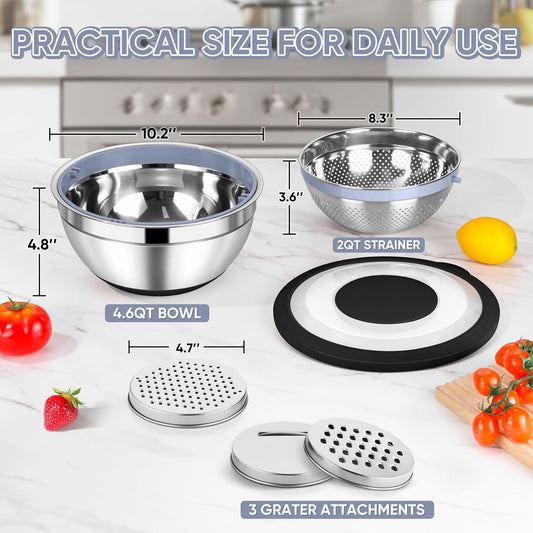 TeamFar 4-1 Colander with Bowl Set, Rotatable Colander for Kitchen, Stainless Steel Food Strainers and Colanders Mixing Bowl with Graters, for Veggies Fruits Washing, Pasta Straining - Khaki