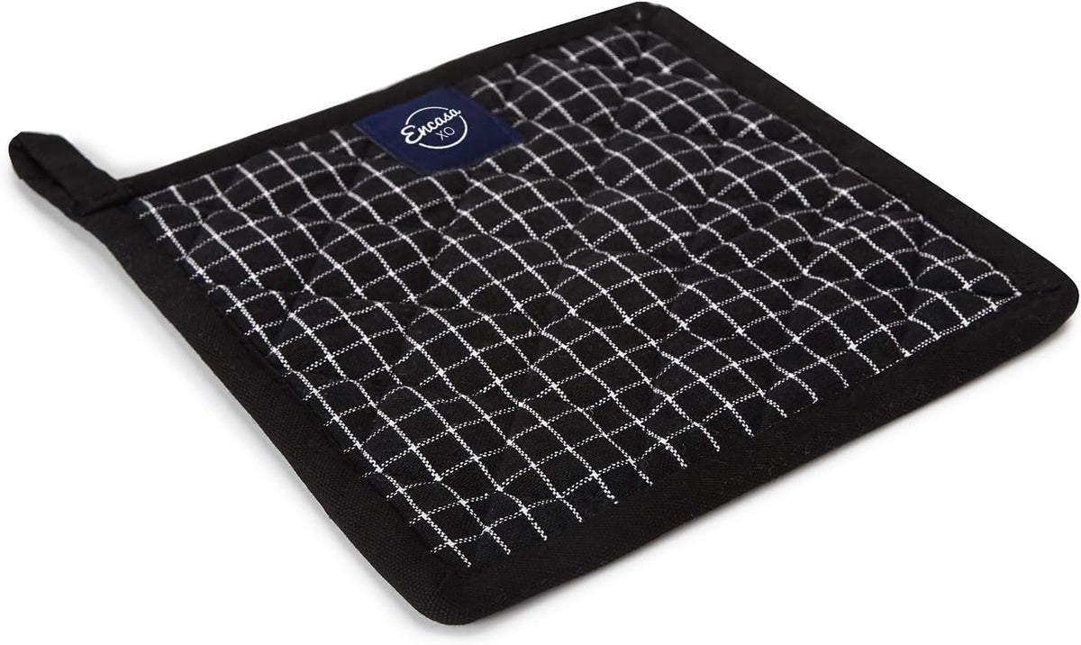 Encasa XO Pot Holders, Quilted Kitchen Hot Pads 8"x8" Black