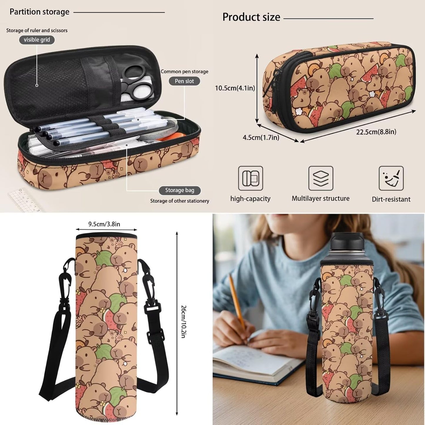 Cute Capybara Pizza Backpack for Girls, 5 Pcs Boys School Bag Set for Kids, 17 Inch Backpacks Lunch Pencil Box Reusable Utensils Case Set for Middle Elementary School, 3rd Grade Backpack