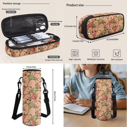 Cute Capybara Pizza Backpack for Girls, 5 Pcs Boys School Bag Set for Kids, 17 Inch Backpacks Lunch Pencil Box Reusable Utensils Case Set for Middle Elementary School, 3rd Grade Backpack