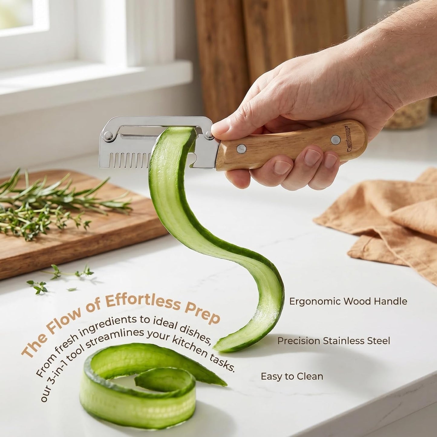 2pcs Multifunctional Vegetable Peeler Shredder, 3-in-1 Stainless Steel Julienne Peeler Tool with Bottle Opener and Non-slip Wooden Handle, Fruit Peeling Knife for Kitchen