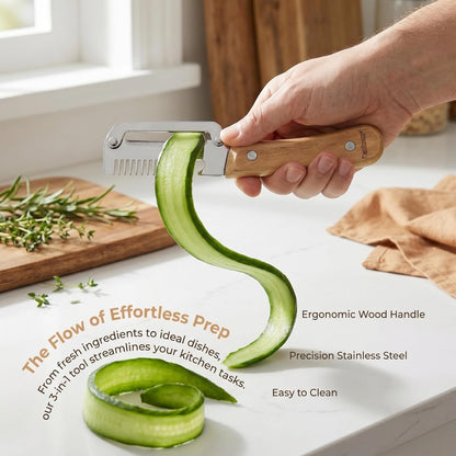 2pcs Multifunctional Vegetable Peeler Shredder, 3-in-1 Stainless Steel Julienne Peeler Tool with Bottle Opener and Non-slip Wooden Handle, Fruit Peeling Knife for Kitchen