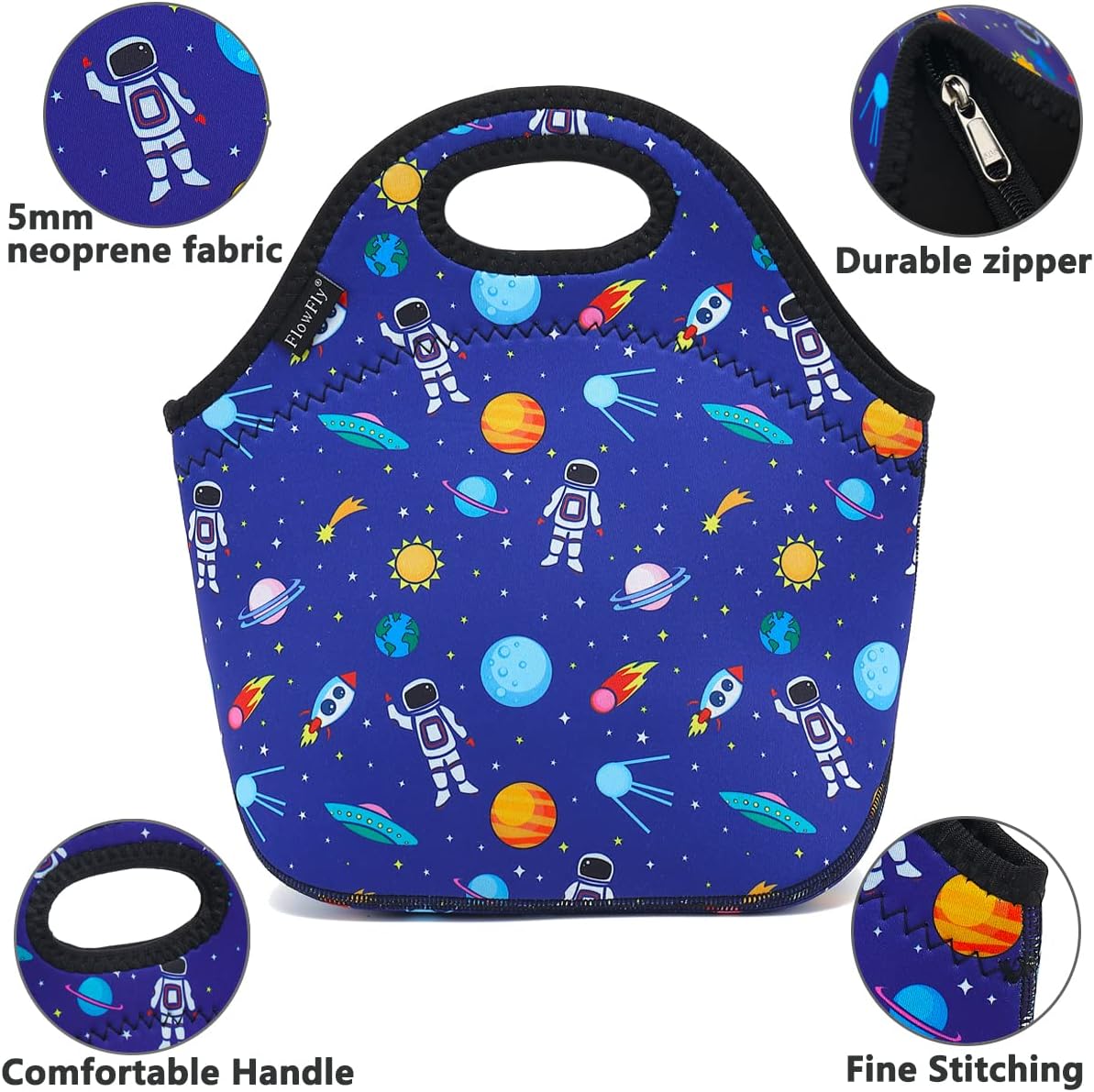 FlowFly Neoprene kids Lunch box Insulated Soft Bag Mini Cooler Thermal Meal Tote Kit for Boys, Girls,Men,Women,School,Work, Office,Black