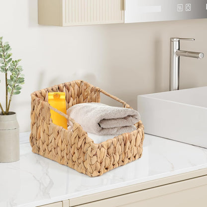 FEILANDUO Wicker Basket with Handles, Handwoven Storage Basket for Pantry, Trapezoid Decorative Baskets for Shelves Home Organizer (Natural(Water Hyacinth), 7.48"L x 9.44"W x 6.49"H)