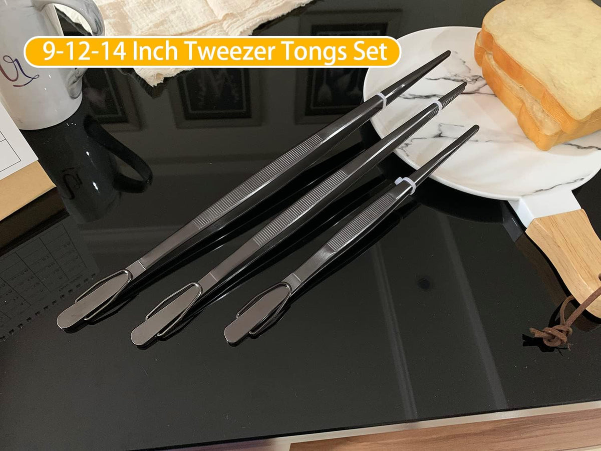 JETKONG 3 Pcs Extra Long Kitchen Tweezers 9 12 14 Inch Heavy Duty Stainless Steel Cooking Tweezers (Round Tips, Silver)