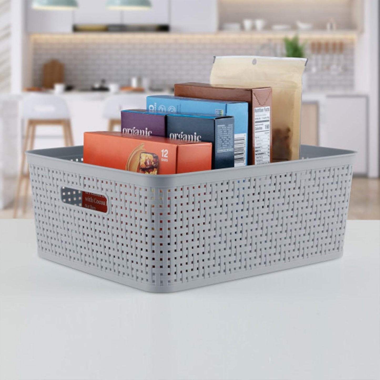 Sterilite 6-Pack Tall Basket, Woven Plastic Storage Baskets for Organization, Cement - Organizing Bin Containers with Handles for Bedroom, Bathroom, Dorm, and Closet