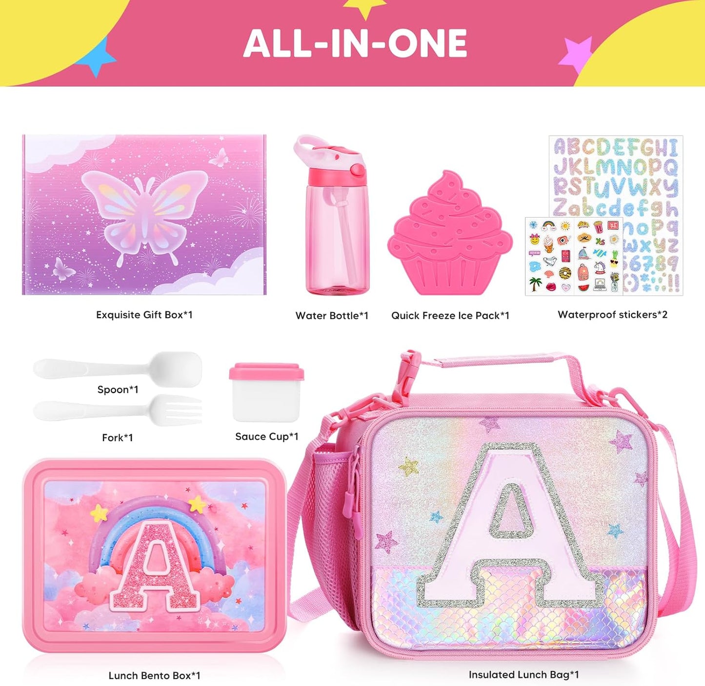 JYPS Lunch Box for Girls-Insulated Lunch Bag,Kids Bento Box with 6 Compartment,Water Bottle,Ice Pack,Salad Container,Perfect Lunch Container for Kids and Toddlers Back to School Age 7-15(Purple M)