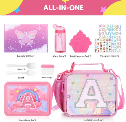 JYPS Lunch Box for Girls-Insulated Lunch Bag,Kids Bento Box with 6 Compartment,Water Bottle,Ice Pack,Salad Container,Perfect Lunch Container for Kids and Toddlers Back to School Age 7-15(Purple M)