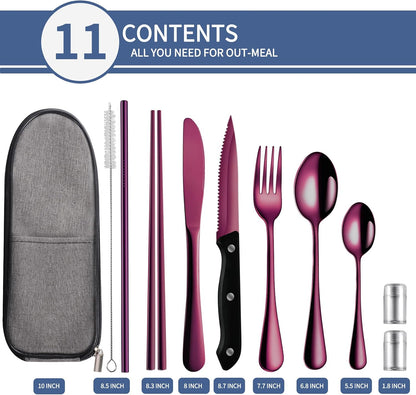 Logcow Travel Utensils Set with Case, 10-Piece Reusable Stainless Steel Camping Cutlery, Portable Fork Spoon Knife Chopsticks & Straw for Work, Lunch, Picnic (Rainbow)