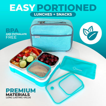 Stainless Steel Bento Lunch Box Set For Adults, Kids - Insulated Bag And Ice Pack - Leak-Proof Metal Compartment Meal Prep Food & Snack Containers For Work Travel School Daycare, 42 Oz Grey Black