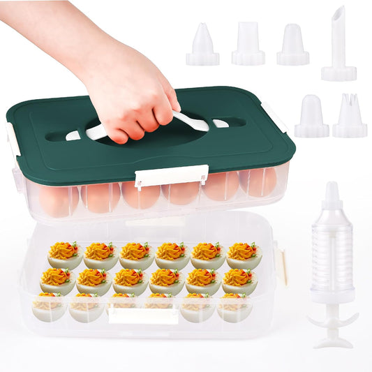 2-Layer Deviled Egg Containers with Lid, 36 Slots Deviled Egg Tray Carrier with Handle and Deviled Egg Injector Piping Tool, Portable Egg Storage Carrier Tray Platter for Party Picnic Travel (white)