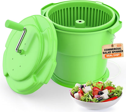WantJoin Commercial Salad Spinner - 6 Gallon Salad Dryer w/Silicone Anti-slip Mat & Draining Hose, Green, 24Qt Manual Salad Spinner for up to 7 Heads of Lettuce Spinner Large for Catering