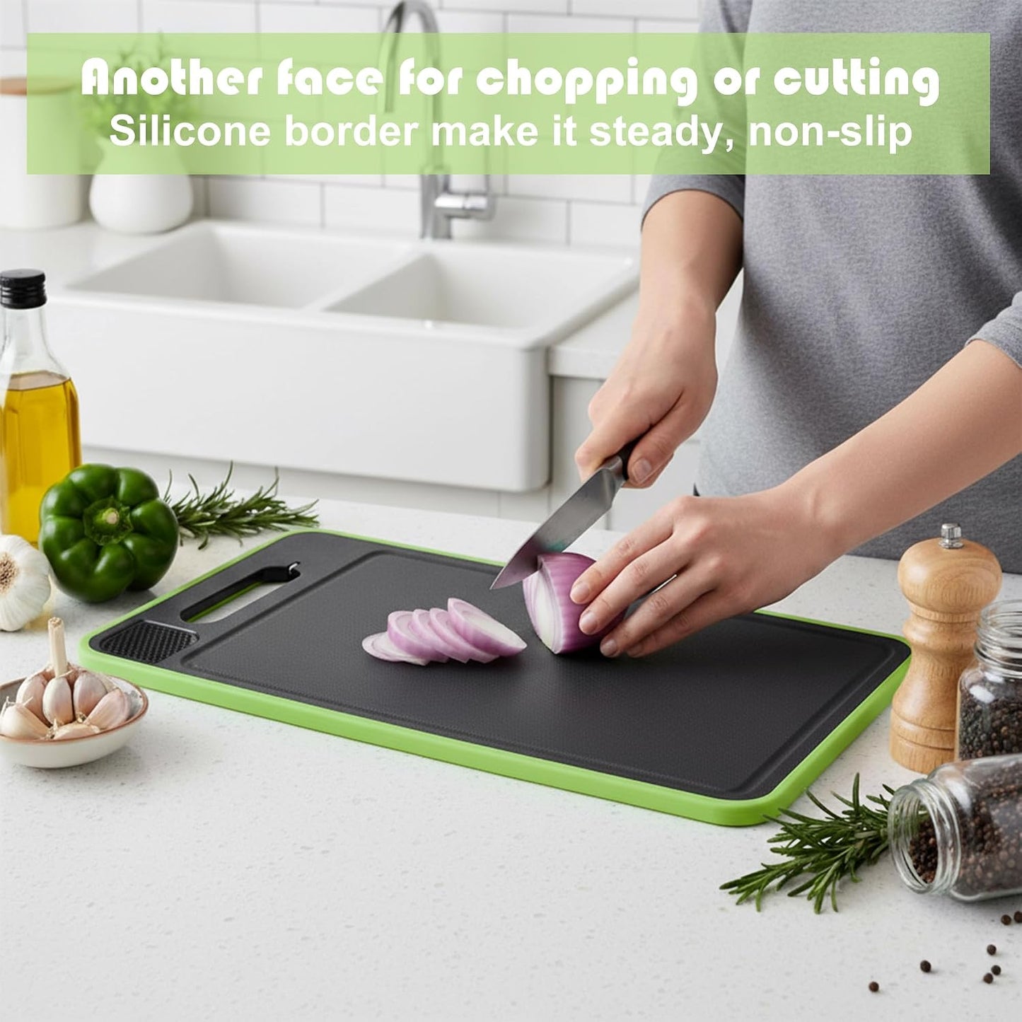 2-Piece BPA-Free Plastic Cutting Board Set, Non-Slip Dishwasher Safe Chopping Boards for Kitchen, Green