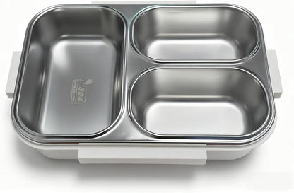 25oz 18/8 Stainless Steel Lunch Box Kit (Bento Box + Fork/Spoon) - 3 Leakproof Compartments - Metal Snack Box for Kids & Adults - School/Office/Travel - Dishwasher Safe (Beige)