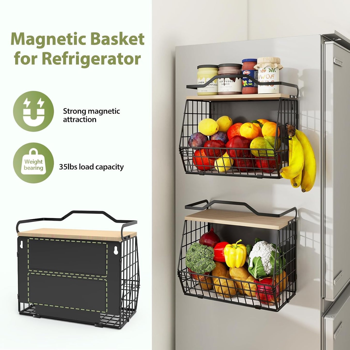 White Fruit Bowl Wire Basket Storage Pantry Fruit and Vegetable Storage Fruit Basket for Kitchen Counter Stackable Wall Mounted Hanging Basket Wire Basket with Wood Lid with Hanger Hooks