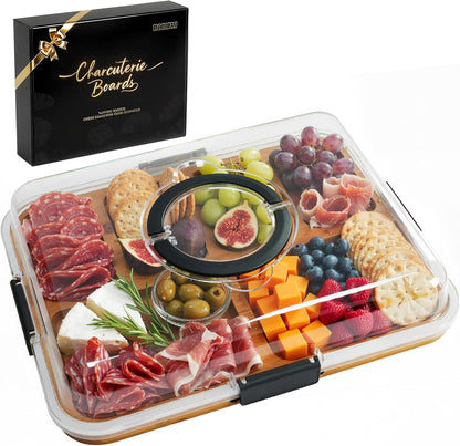 Renmxj Charcuterie Board with Clear Lid, Travel Portable Cheese Board Charcuterie Boxes Cutting Boards for Kitchen, House Warming Gifts New Home, Gifts for Women (6 Compartments Black)