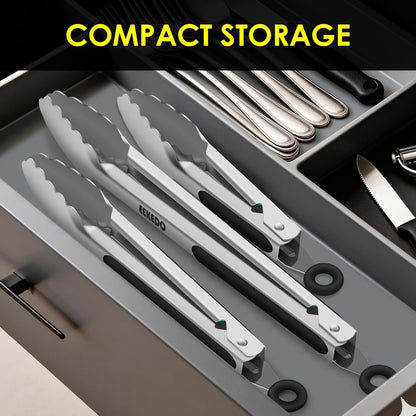 Stainless Steel Tongs for Cooking, Heat Resistant 600 Degrees Metal Kitchen Tongs with Silicone Grip, Locking Tongs for BBQ, Grilling, Serving, Salad, Dishwasher, Set of 2(9" and 12")