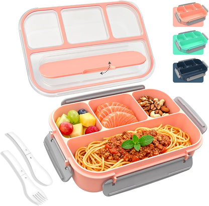 WHALEHOUSE Bento Lunch Box, 1300ML 4 Compartments Meal Prep Container with Utensil, Airtight Food Storage Container with Snap Locking Lids, Microwave/Dishwasher/Freezer Safe, On the Go