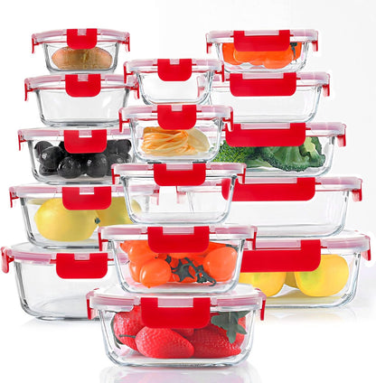 30 Pieces Glass Food Storage Containers, Meal Prep Set with Snap Locking Lids, Airtight lunch Containers, BPA-Free, Microwave, Oven, Freezer & Dishwasher Friendly,Blue