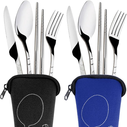SENHAI 8 Pieces Flatware Sets Knife, Fork, Spoon, Chopsticks, 2 Pack Rustproof Stainless Steel Tableware Dinnerware with Carrying Case for Traveling Camping Picnic Working Hiking