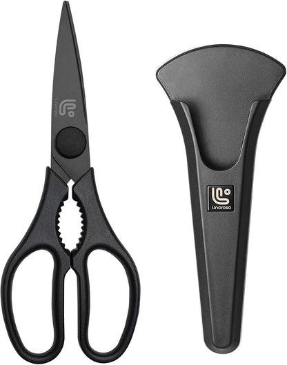 Linoroso Kitchen Scissors All Purpose with Magnetic Holder for Refrigerators, Dishwasher Safe Kitchen Shears Come Apart, Heavy Duty Scissors for Food, Meat, Vegetable, Herb, BBQ, Black