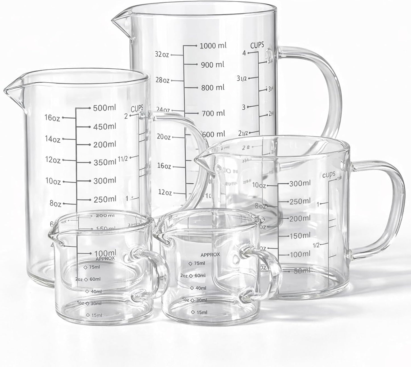 77L 3 Pack Glass Measuring Cup Set (1 1/4, 2 & 4 Cup) [Insulated handle, V-Shaped Spout], High Borosilicate Liquid Glass Measure Cup for Kitchen, Easy To Read, Dishwasher, Freezer, and Microwave Safe