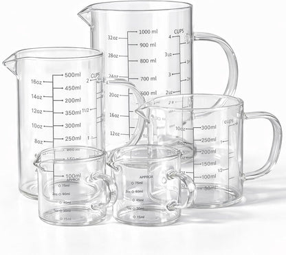 77L 3 Pack Glass Measuring Cup Set (1 1/4, 2 & 4 Cup) [Insulated handle, V-Shaped Spout], High Borosilicate Liquid Glass Measure Cup for Kitchen, Easy To Read, Dishwasher, Freezer, and Microwave Safe
