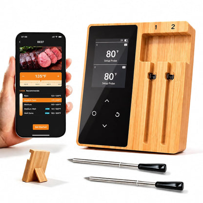 Wireless Bluetooth Meat Thermometer with Wooden Display Base, Dual Probe Leave-in Cooking Thermometer for Thick Cuts, BBQ Grill Smoker Oven Air Fryer, App Alerts, Birthday Gift for Men & BBQ Lovers