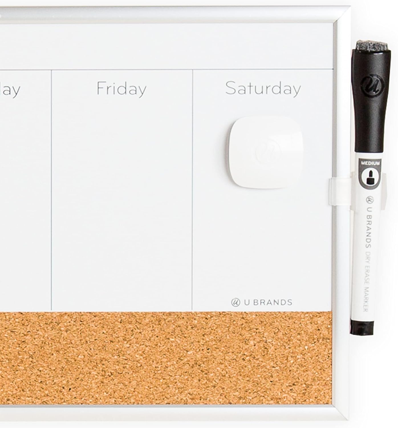U Brands Magnetic Dry Erase Weekly Calendar White Board With Cork Strip, 18" x 7.5", Silver Aluminum Frame, Includes Magnet, Marker