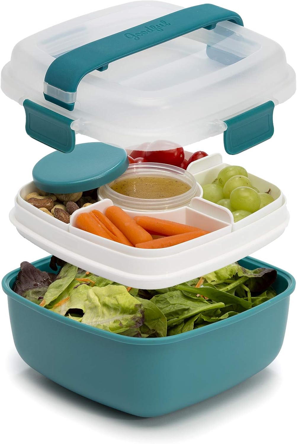 Goodful Stackable Lunch Box Container, Bento Style Food Storage with Removeable Compartments for Sandwich, Snacks, Toppings & Dressing, Leak-Proof and Made without BPA, 56-Ounce, Blue