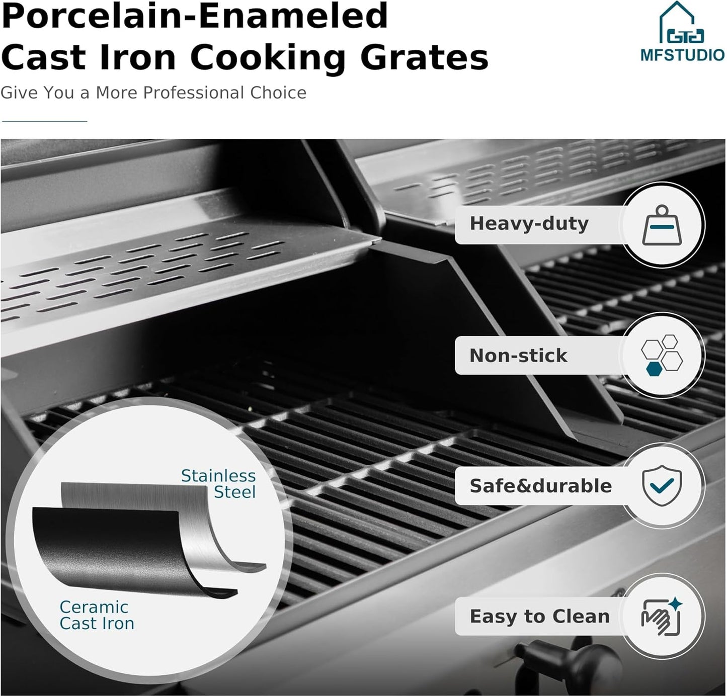 MFSTUDIO 5 Burner Gas Grill Griddle Combo with Porcelain-Enameled Cast Iron Grates,Cutting Board and Double Lids, Duel-Function Propane BBQ Grills with Flat Top Grddle for Outdoor Barbecue Cooking