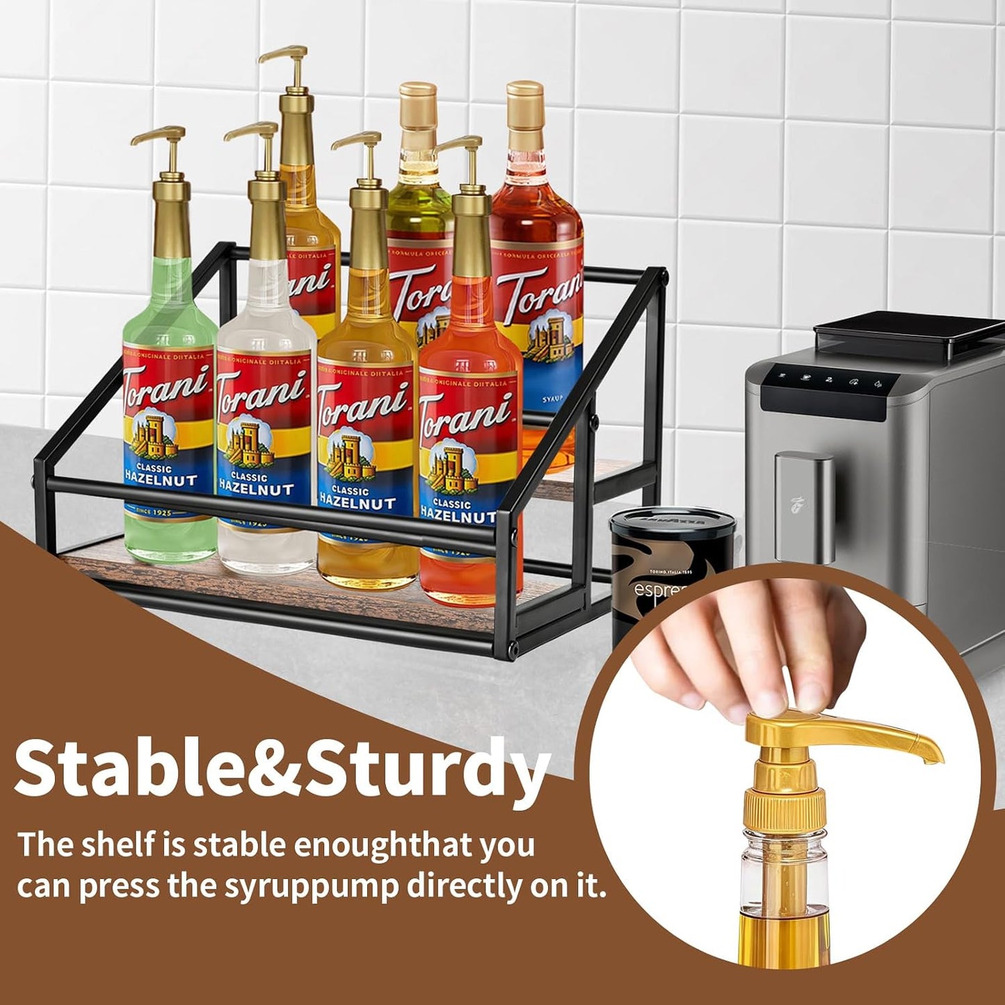 YQBRAO Coffee Syrup Rack Organizer,Liquor Bottle Display Shelf,2-Tier 4 Bottle Stand for Coffee Bar, Kitchen Station, Liquor, Wine, Dressing,Rustic Brown