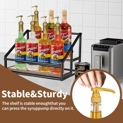YQBRAO Coffee Syrup Rack Organizer,Liquor Bottle Display Shelf,2-Tier 4 Bottle Stand for Coffee Bar, Kitchen Station, Liquor, Wine, Dressing,Rustic Brown