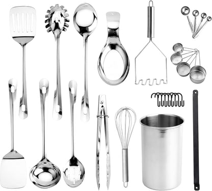 COOK WITH COLOR Kitchen Utensil Set - premium Nonstick & Heat Resistant Kitchen Gadgets, Turner, Spaghetti Server, Serving Spoons, Whisk, Tongs, Masher & Utensil Holder, 10-piece Stainless Steel