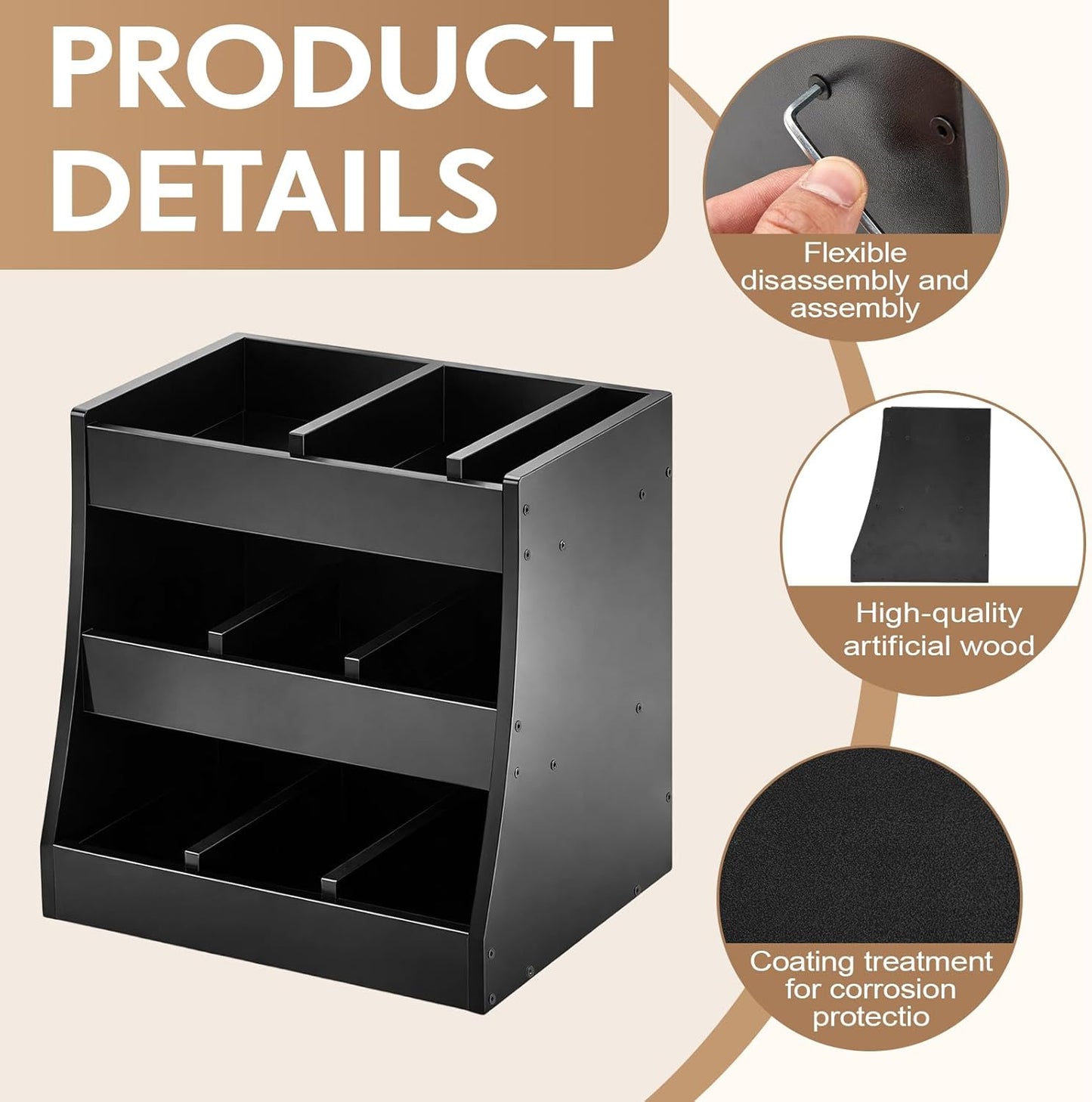 Blulu 3-tier Adjustable Condiment Organizer for Countertop Condiment Food Beverage Holder Wooden Condiments Bottle Sauce Packet Organizer Bin for Coffee Shops Restaurants Bars 14.5" x14.8" x 11.75"