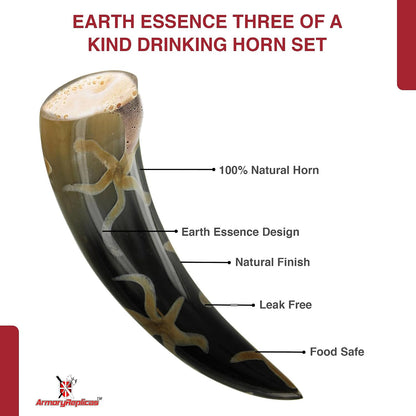 Armory Replicas™ 3-Piece Buffalo Drinking Horn Set – Handmade Natural Horn Cups with Earth Design, Viking Style Mead Ale Wine Cups for Feasts, Parties & Collectors
