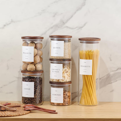 2 Pack Glass Rice Containers with Acacia Wood Lids, 70oz Airtight Flour and Sugar Jars with 105 Labels, Large Glass Pantry Storage Jars for Cereal, Protein Powder, Cookies, Dry Food