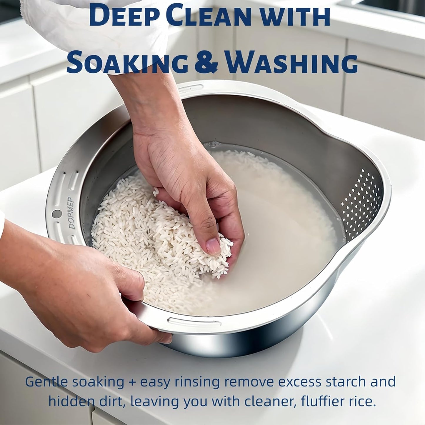 DOPMEP Rice Washer Strainer Bowl, Stainless Steel Colander with Side Drainers - Ideal for Soaking, Washing, Cleaning, and Rinsing Rice, Fruits, Vegetables & Beans, Versatile Kitchen Tool