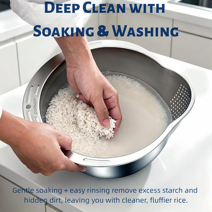 DOPMEP Rice Washer Strainer Bowl, Stainless Steel Colander with Side Drainers - Ideal for Soaking, Washing, Cleaning, and Rinsing Rice, Fruits, Vegetables & Beans, Versatile Kitchen Tool