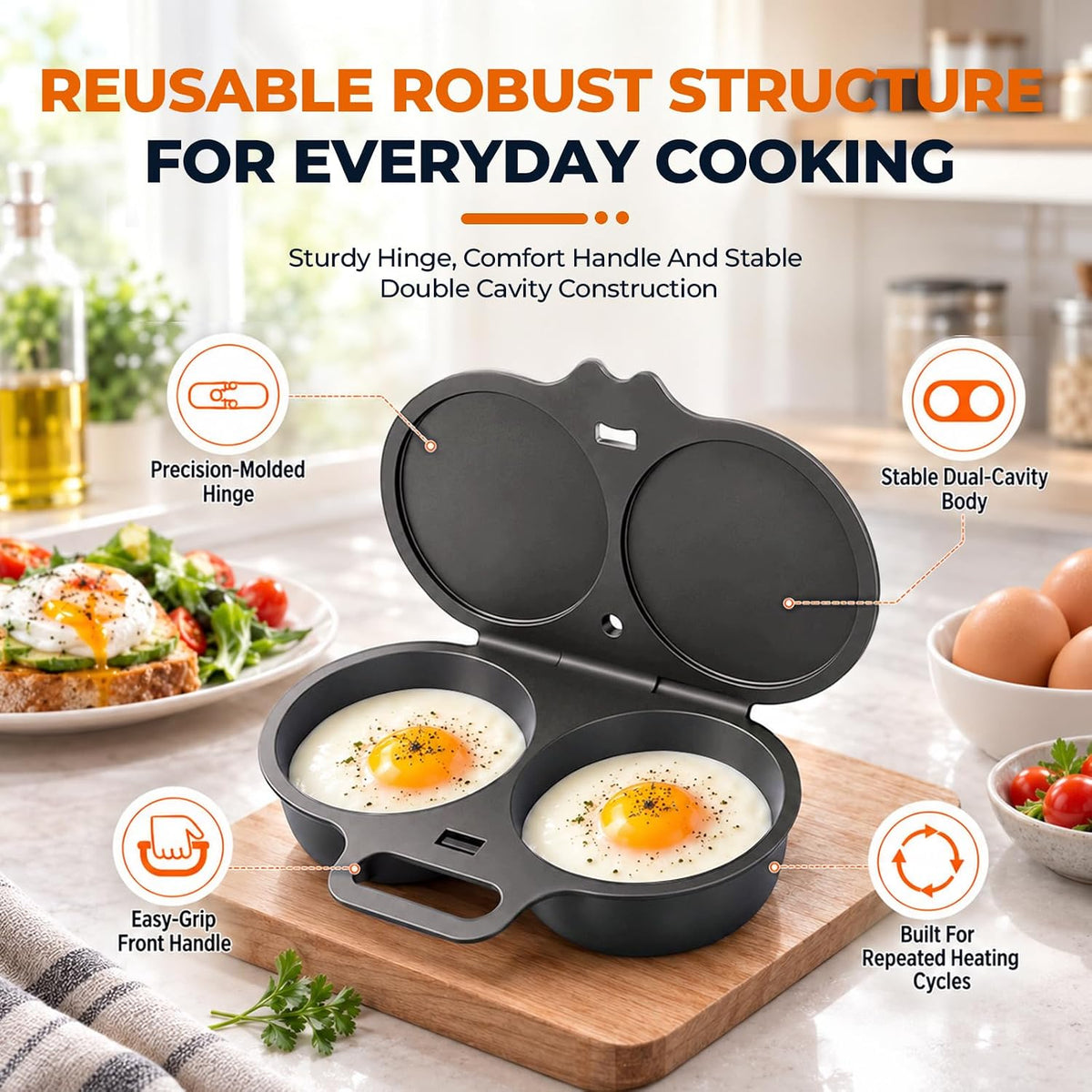 Dual Cavity Microwave Egg Poacher, White Egg Poacher, Quick Oil-Free Cooking Tool for 2 Eggs, Food-Grade PP Material, Portable Breakfast Maker with Lid and Easy-Grip Handle（Three-Color Set）