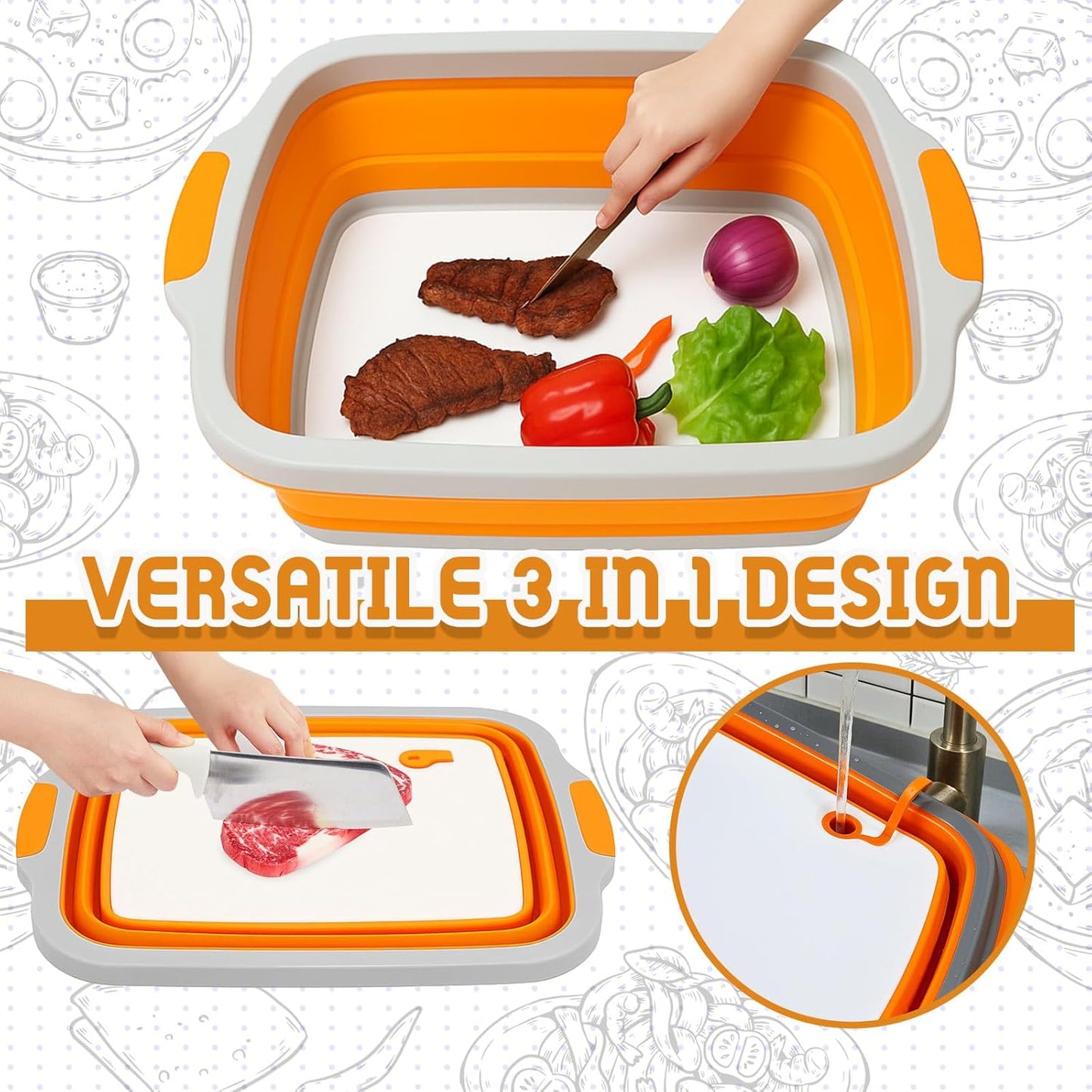 Funnymoom 2pcs Barbecue Prep Set Include Collapsible BBQ Prep Tub with Lid and Cutting Board(4.22 Gal/16l) BBQ Blanket for Resting Meat(21inch) Smoker Blanket Insulated(Orange,Classic Style)